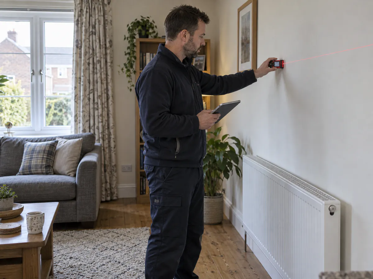 Assessor measuring a room with a laser measure