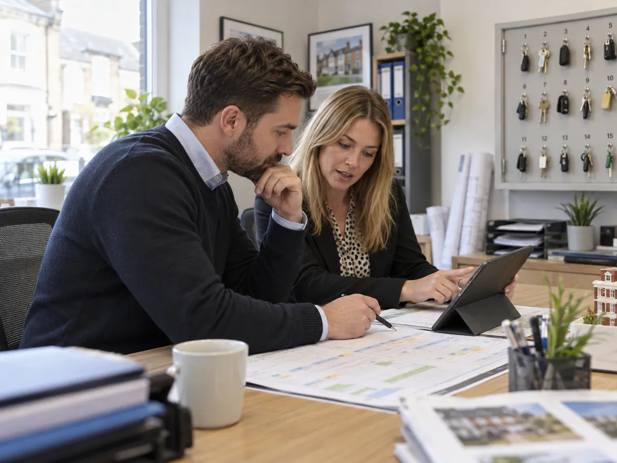 Letting agent reviewing a property portfolio on a laptop